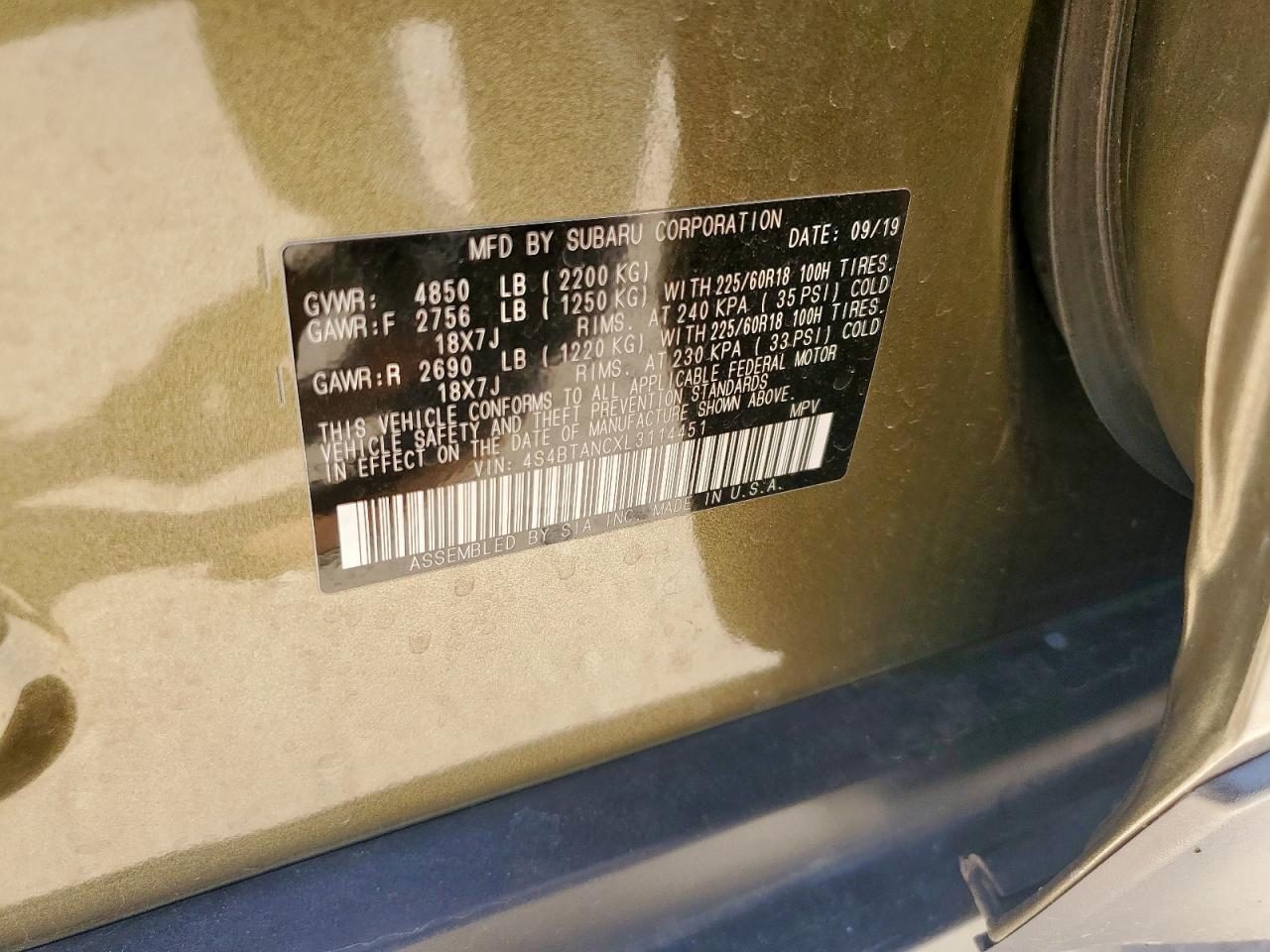2020 Subaru Outback Limited VIN: 4S4BTANCXL3114451 Lot: 65349185