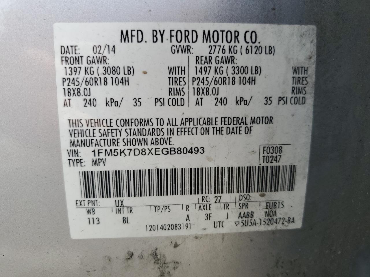 2014 Ford Explorer Xlt VIN: 1FM5K7D8XEGB80493 Lot: 63315435