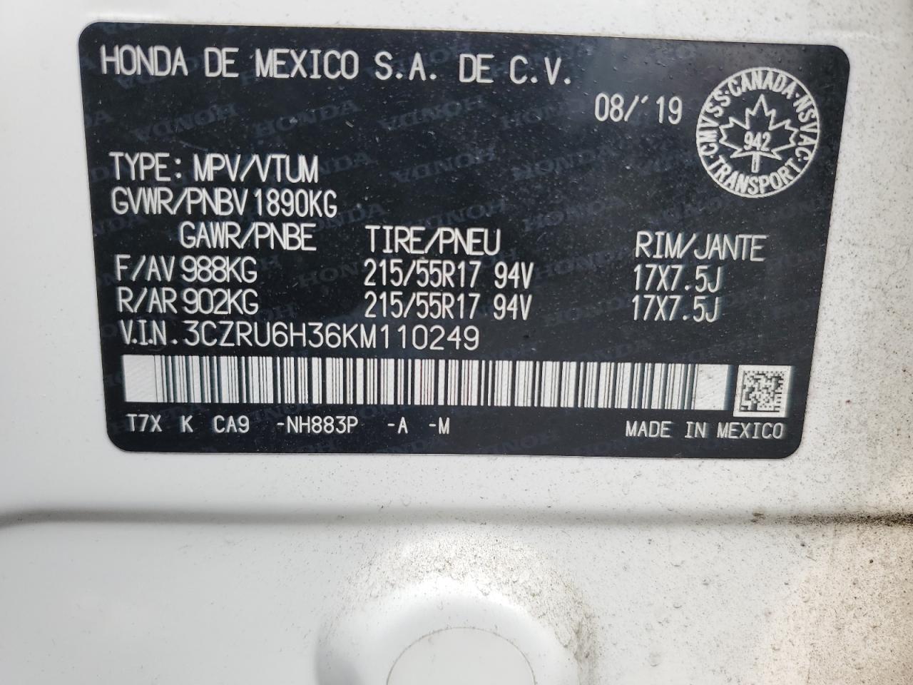 2019 Honda Hr-V Lx VIN: 3CZRU6H36KM110249 Lot: 63264105