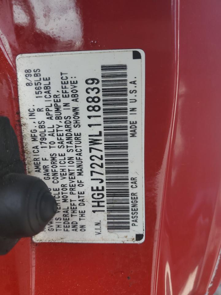 1998 Honda Civic Hx VIN: 1HGEJ7227WL118839 Lot: 64485285
