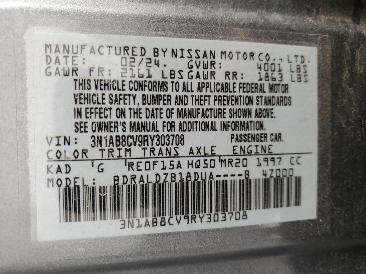 2024 Nissan Sentra Sv VIN: 3N1AB8CV9RY303708 Lot: 65278555