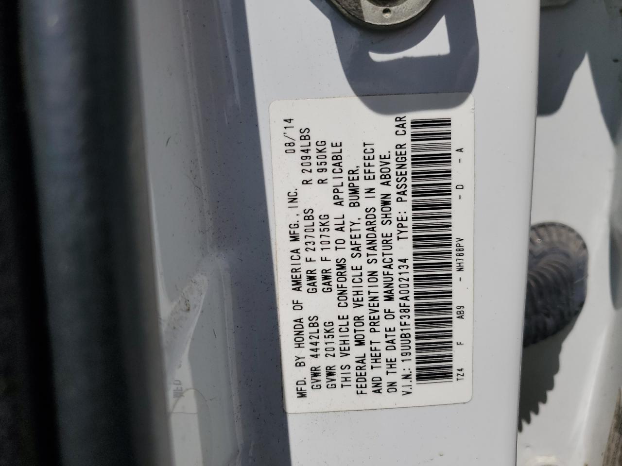 2015 Acura Tlx VIN: 19UUB1F38FA002134 Lot: 66657965