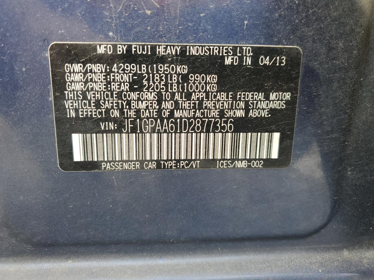 2013 Subaru Impreza VIN: JF1GPAA61D2877356 Lot: 64584985