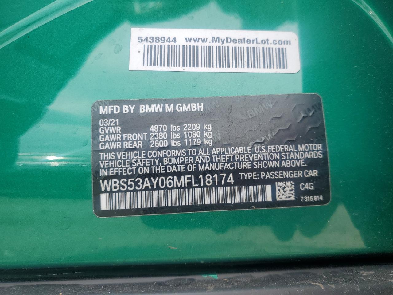 2021 BMW M3 VIN: WBS53AY06MFL18174 Lot: 63284265