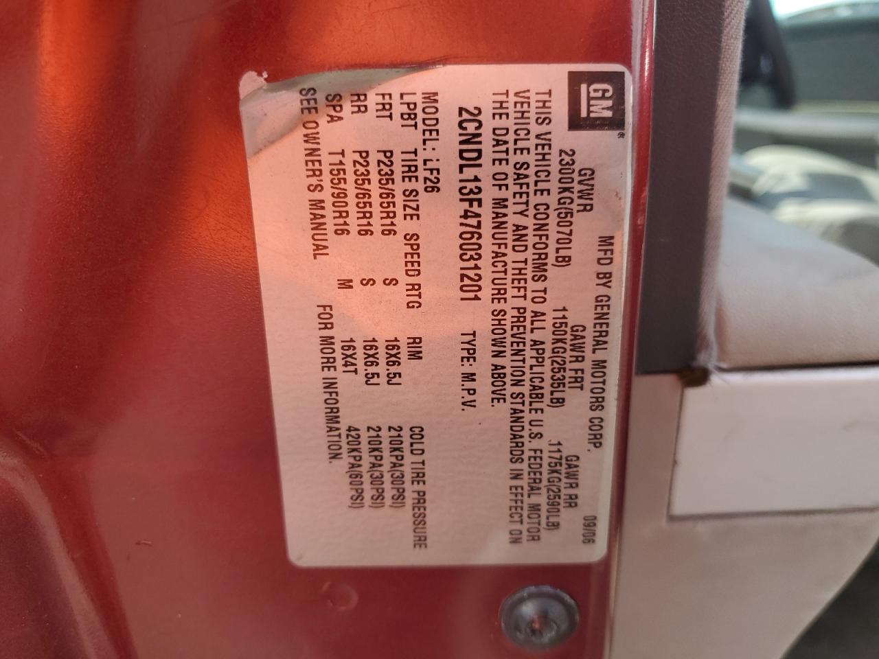 2007 Chevrolet Equinox Ls VIN: 2CNDL13F476031201 Lot: 64260005