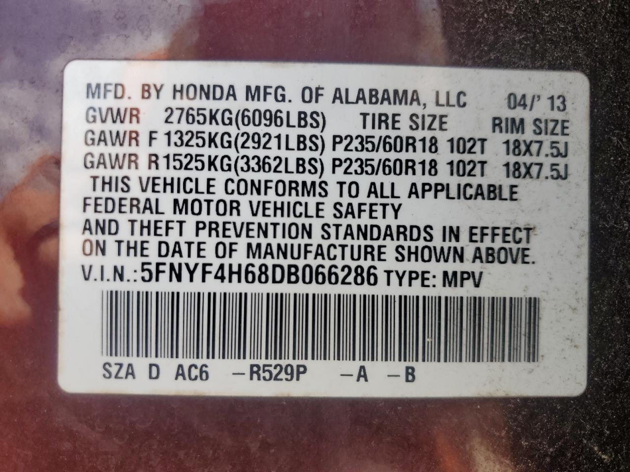 2013 Honda Pilot Exl VIN: 5FNYF4H68DB066286 Lot: 63917415