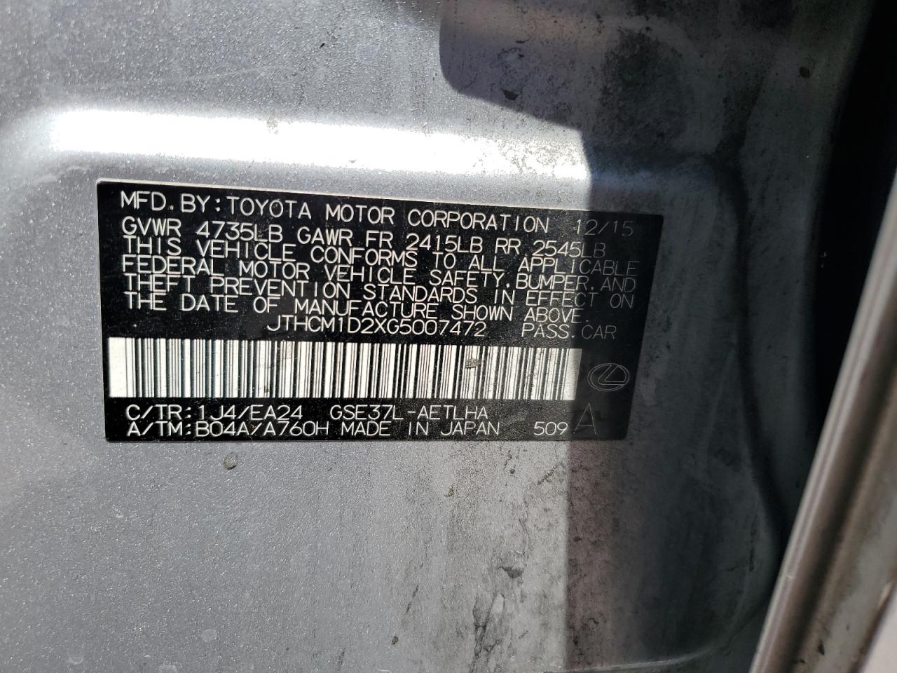 2016 Lexus Is 300 VIN: JTHCM1D2XG5007472 Lot: 66253495