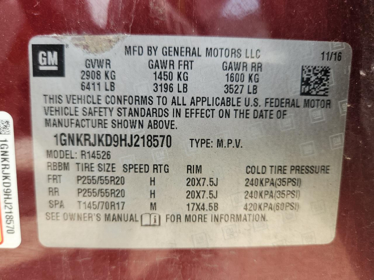 2017 Chevrolet Traverse Premier VIN: 1GNKRJKD9HJ218570 Lot: 65118815