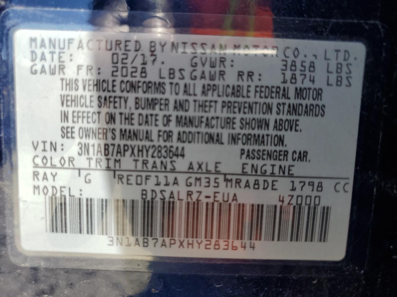 2017 Nissan Sentra S VIN: 3N1AB7APXHY283644 Lot: 65868695