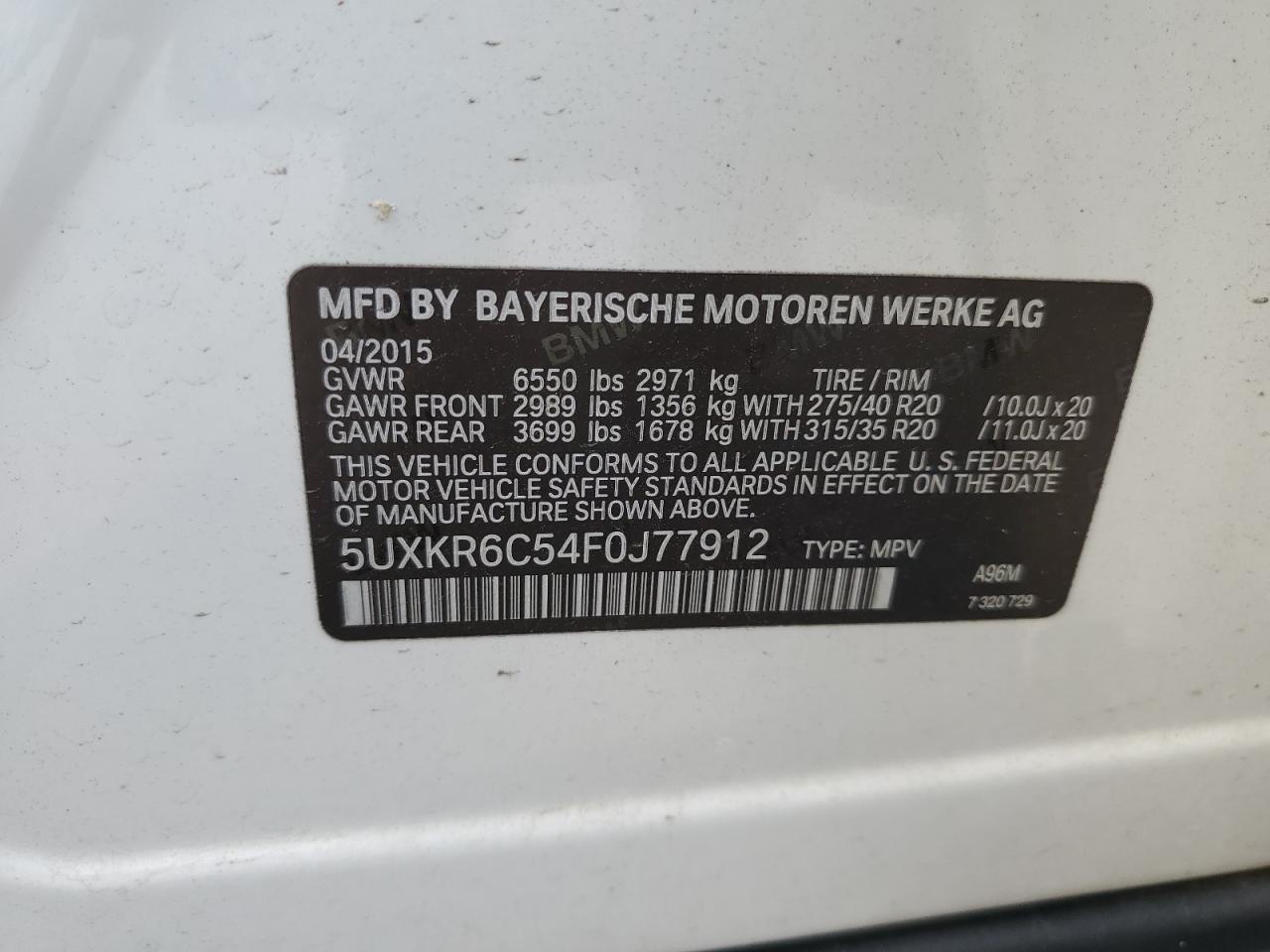 2015 BMW X5 xDrive50I VIN: 5UXKR6C54F0J77912 Lot: 66410325