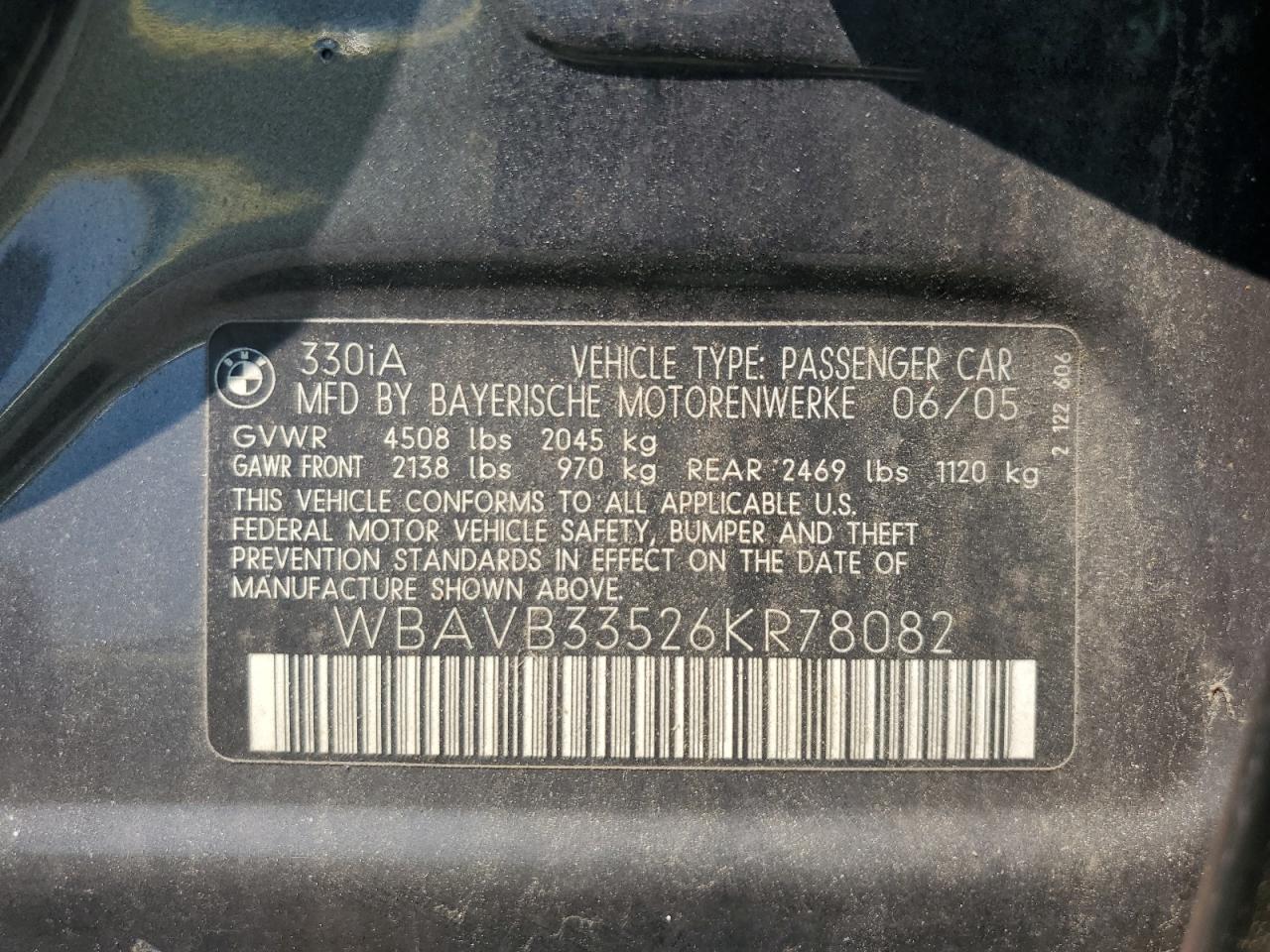 2006 BMW 330 I VIN: WBAVB33526KR78082 Lot: 63342355