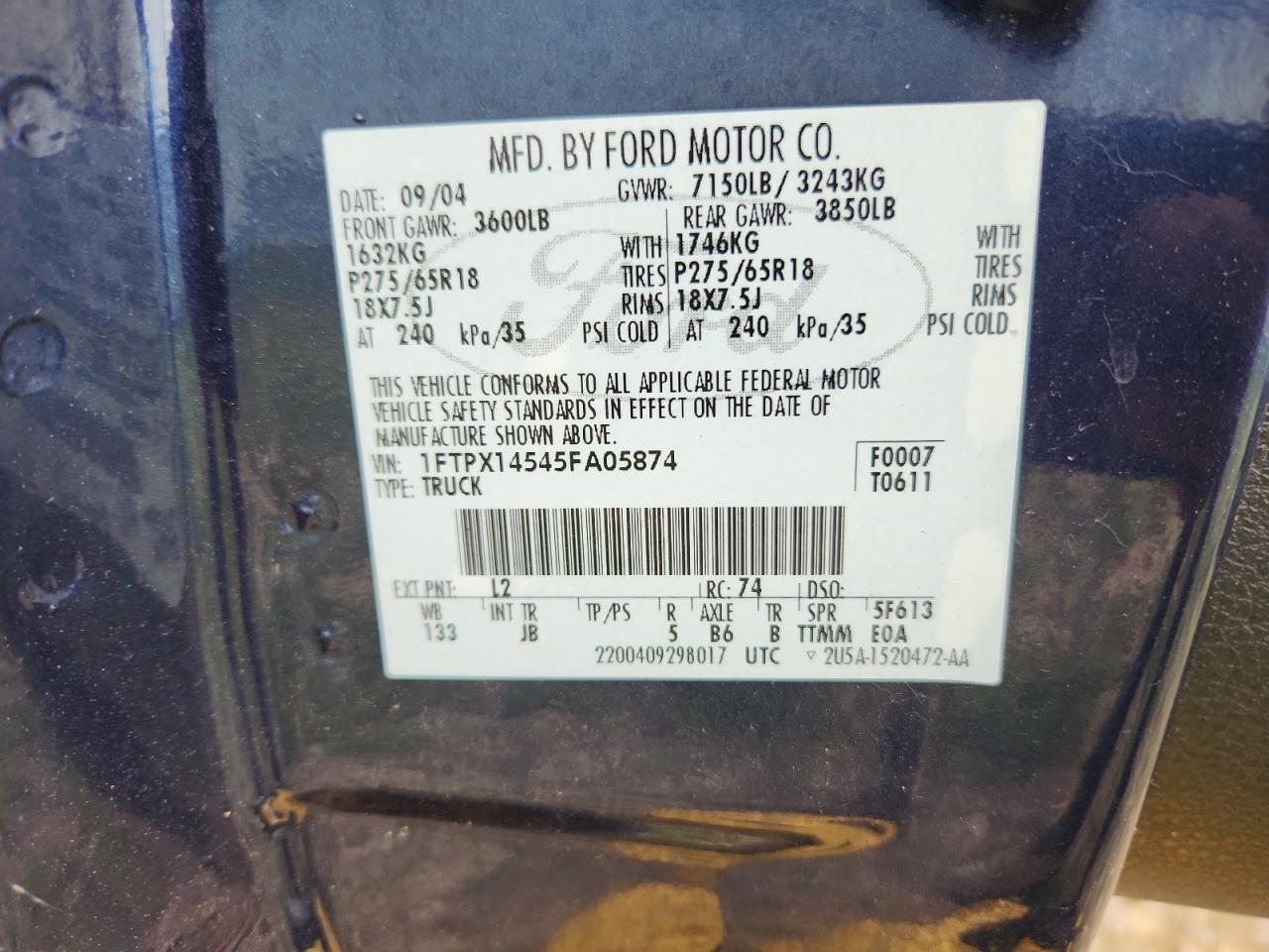 2005 Ford F150 VIN: 1FTPX14545FA05874 Lot: 64106085