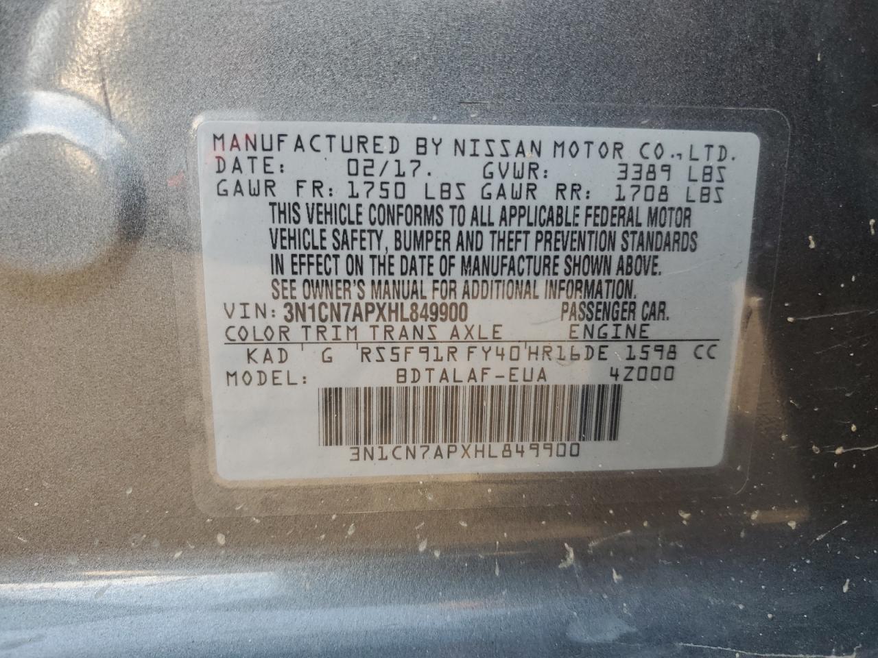 2017 Nissan Versa S VIN: 3N1CN7APXHL849900 Lot: 65032805