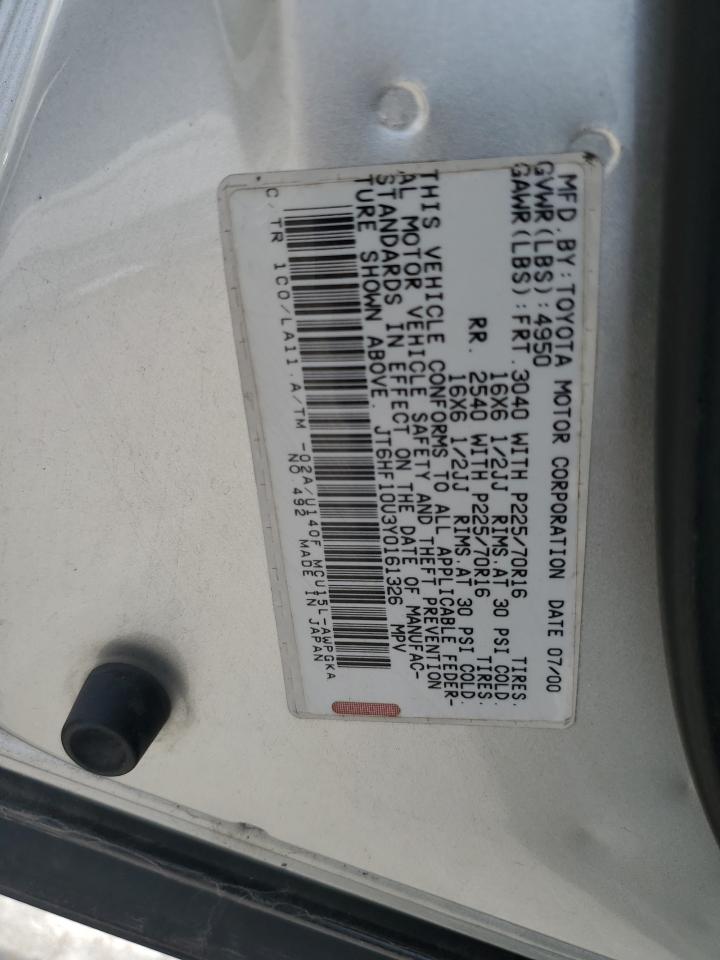 2000 Lexus Rx 300 VIN: JT6HF10U3Y0161326 Lot: 64657595
