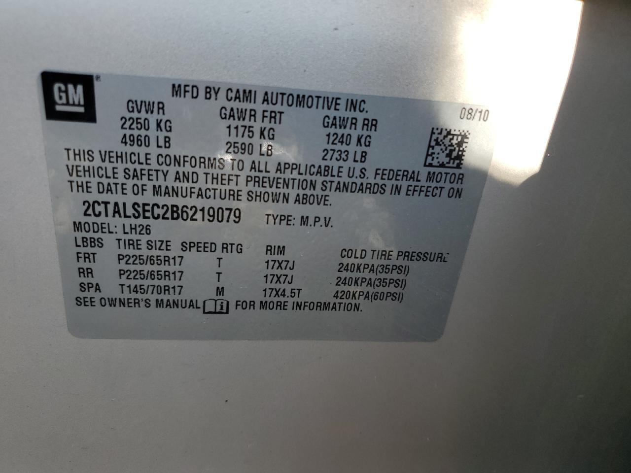 2011 GMC Terrain Sle VIN: 2CTALSEC2B6219079 Lot: 64628525