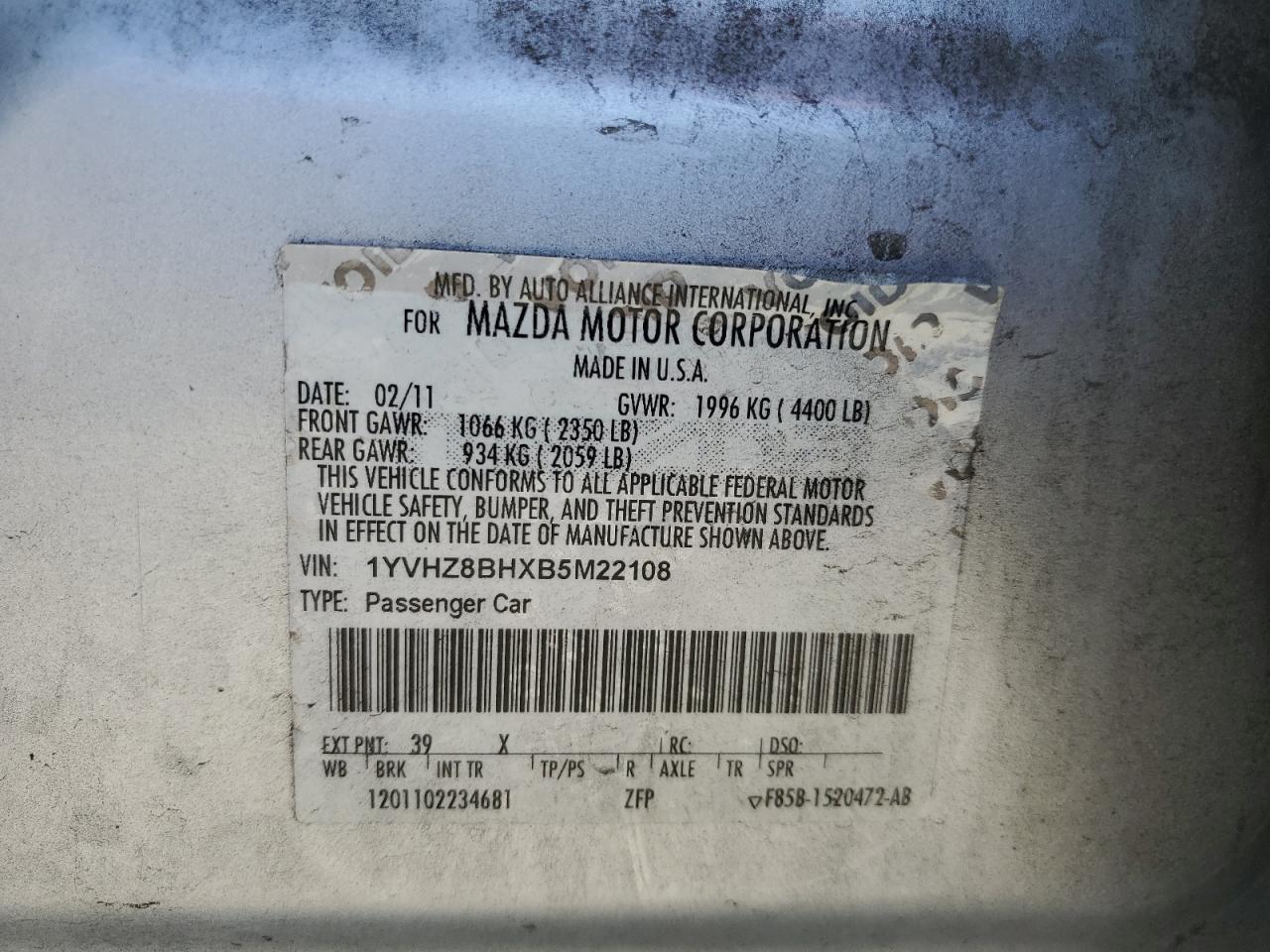 2011 Mazda 6 I VIN: 1YVHZ8BHXB5M22108 Lot: 65650845