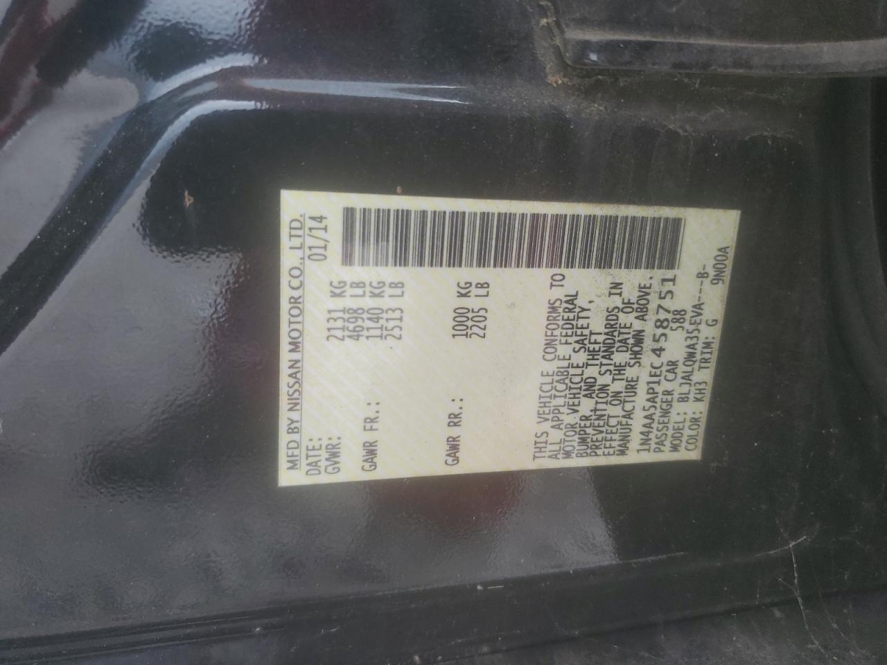 2014 Nissan Maxima S VIN: 1N4AA5AP1EC458751 Lot: 65700245