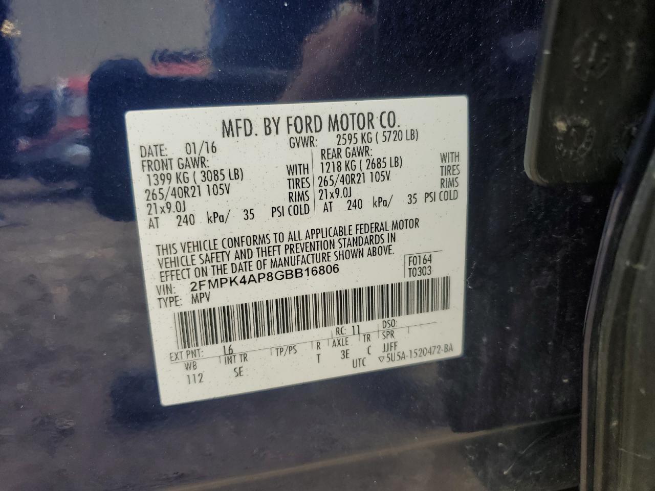 2016 Ford Edge Sport VIN: 2FMPK4AP8GBB16806 Lot: 64999425