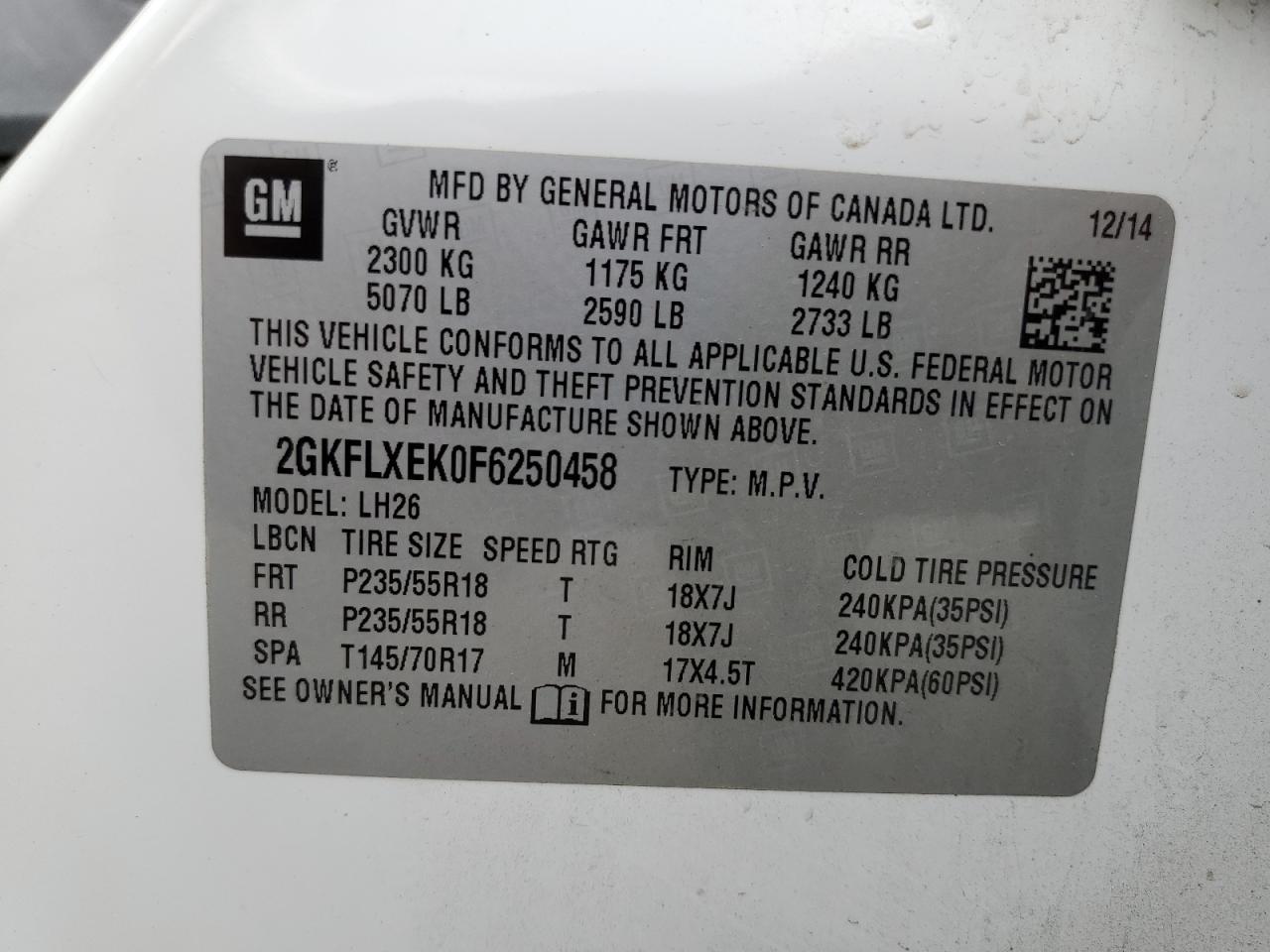 2015 GMC Terrain Slt VIN: 2GKFLXEK0F6250458 Lot: 63231915