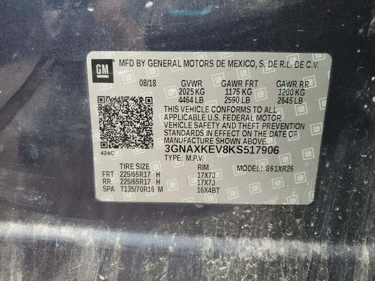 2019 Chevrolet Equinox Lt VIN: 3GNAXKEV8KS517906 Lot: 65175645