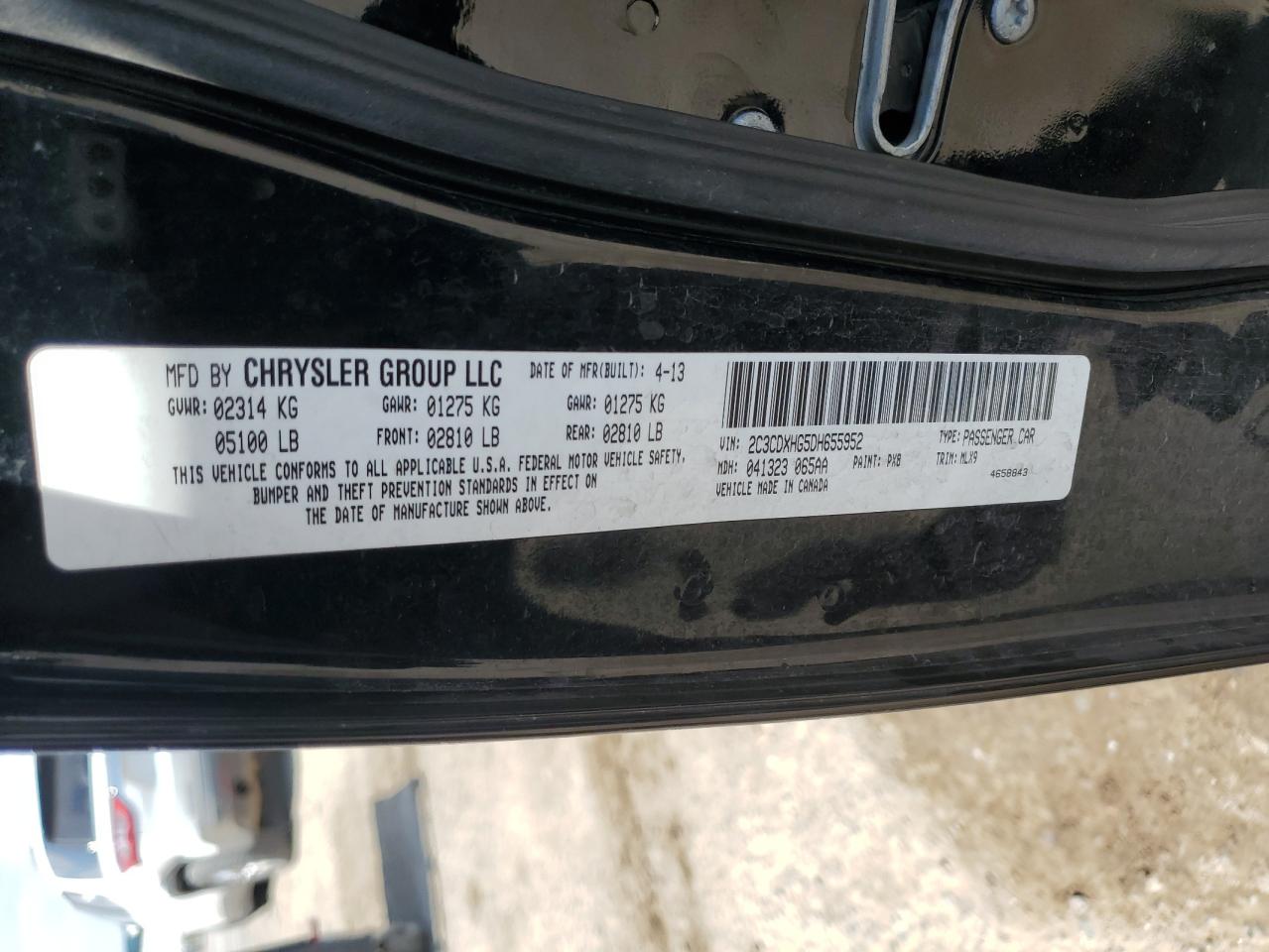 2013 Dodge Charger Sxt VIN: 2C3CDXHG5DH655952 Lot: 63044355