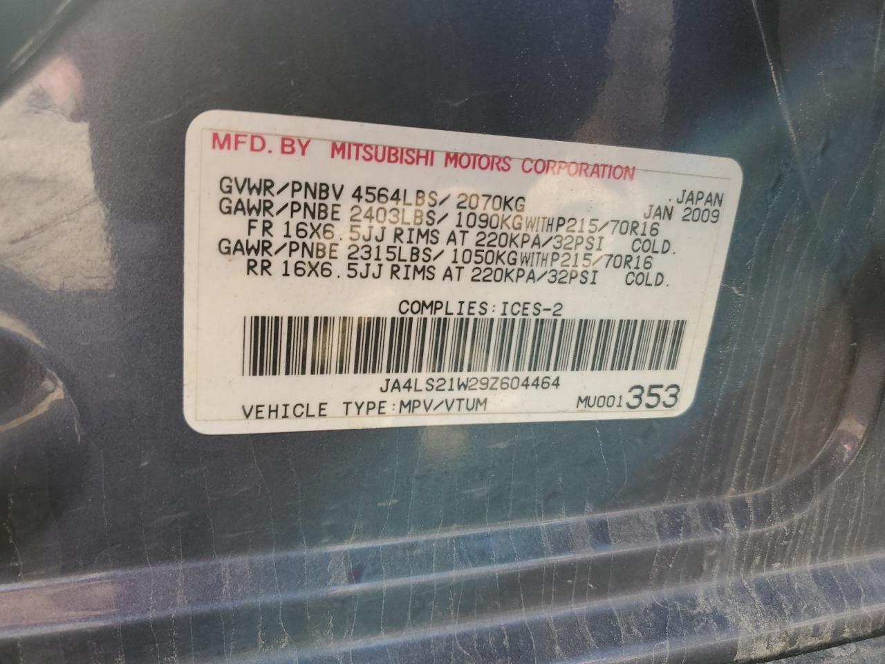 2009 Mitsubishi Outlander Es VIN: JA4LS21W29Z604464 Lot: 65547175