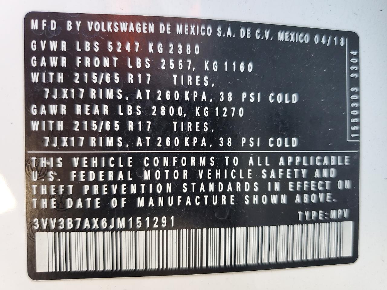 2018 Volkswagen Tiguan Se VIN: 3VV3B7AX6JM151291 Lot: 64311875