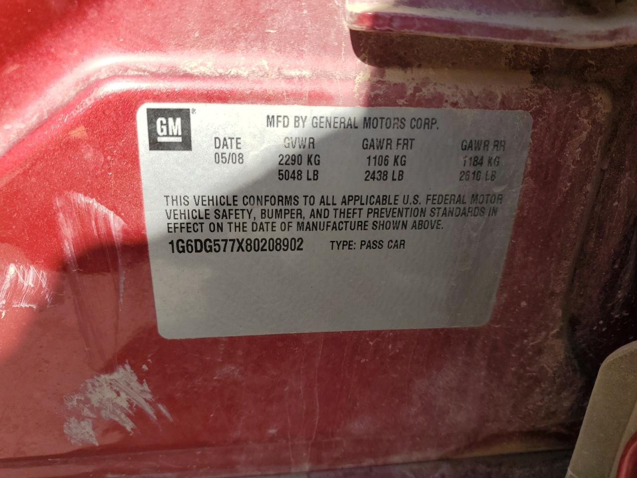 2008 Cadillac Cts VIN: 1G6DG577X80208902 Lot: 65442905