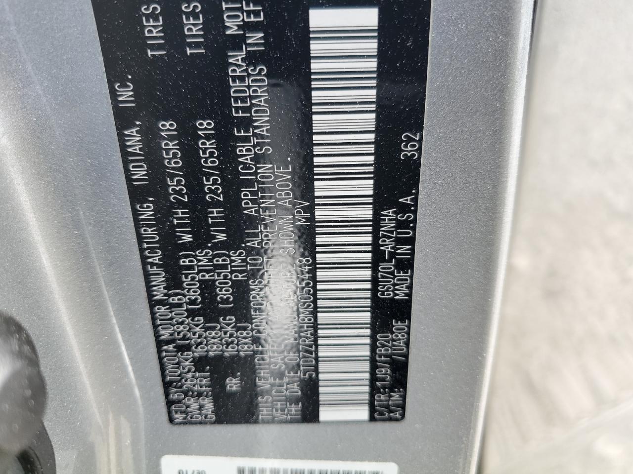 2021 Toyota Highlander L VIN: 5TDZZRAH8MS055448 Lot: 64480765