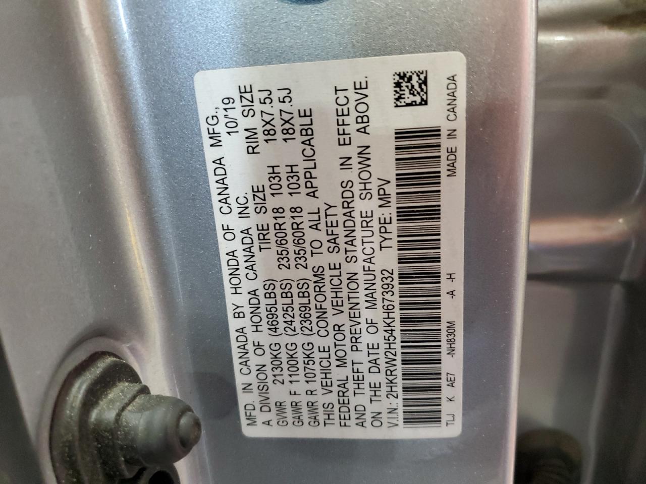 2019 Honda Cr-V Ex VIN: 2HKRW2H54KH673932 Lot: 64992855