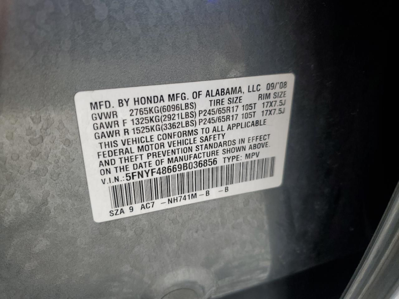 2009 Honda Pilot Exl VIN: 5FNYF48669B036856 Lot: 64162905