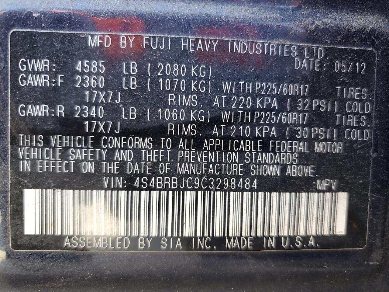 2012 Subaru Outback 2.5I Limited VIN: 4S4BRBJC9C3298484 Lot: 66581895