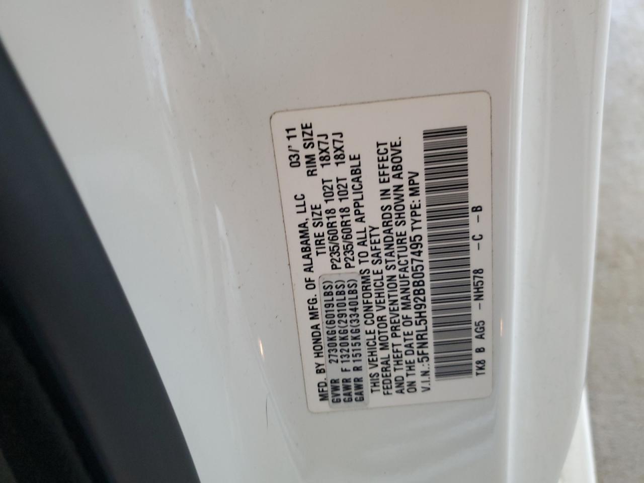2011 Honda Odyssey Touring VIN: 5FNRL5H92BB057495 Lot: 64094995