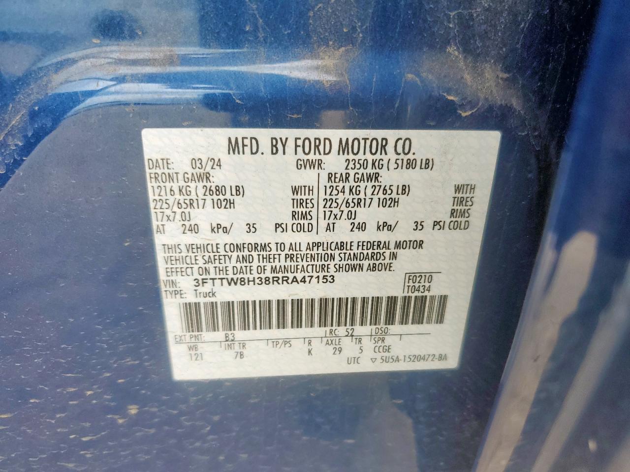 2024 Ford Maverick Xlt VIN: 3FTTW8H38RRA47153 Lot: 64514865