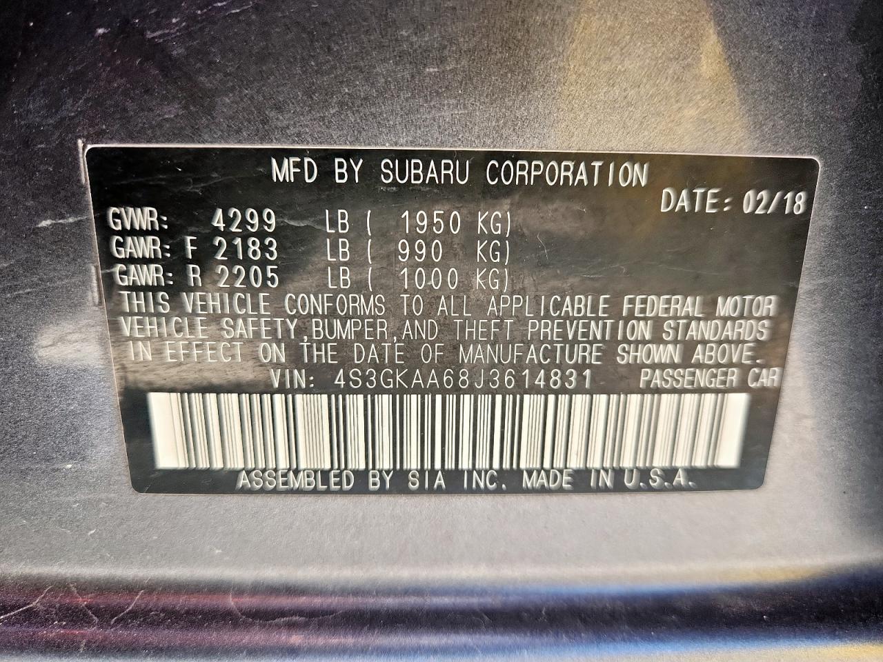2018 Subaru Impreza VIN: 4S3GKAA68J3614831 Lot: 63194165
