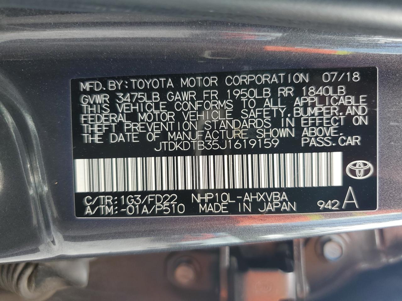 2018 Toyota Prius C VIN: JTDKDTB35J1619159 Lot: 64902755