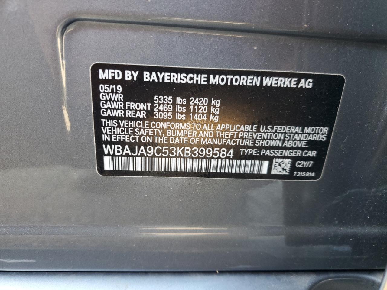 2019 BMW 530E VIN: WBAJA9C53KB399584 Lot: 63106755