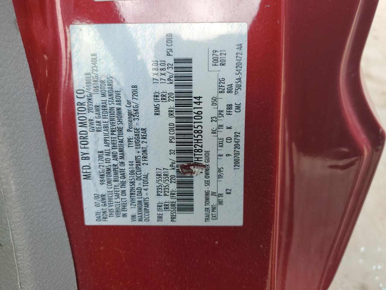 2008 Ford Mustang Gt VIN: 1ZVHT82H585106144 Lot: 62477225