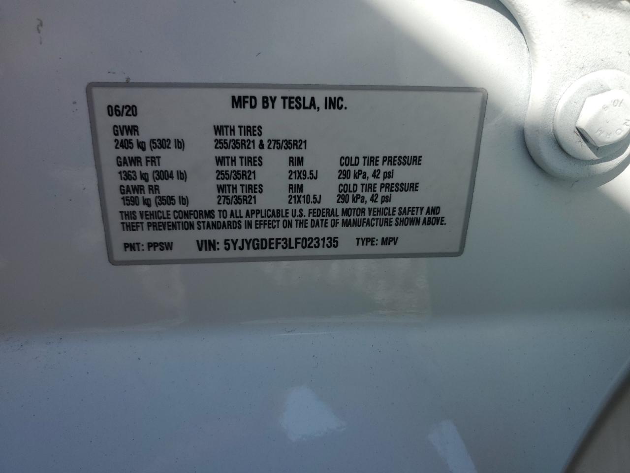 2020 Tesla Model Y VIN: 5YJYGDEF3LF023135 Lot: 64225675