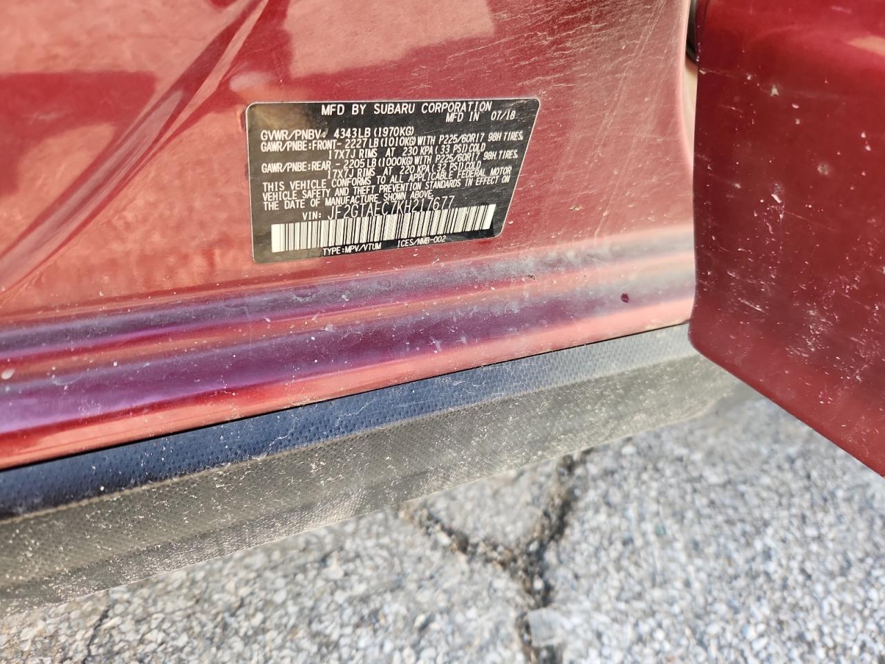 2019 Subaru Crosstrek Premium VIN: JF2GTAEC7KH217677 Lot: 62361055