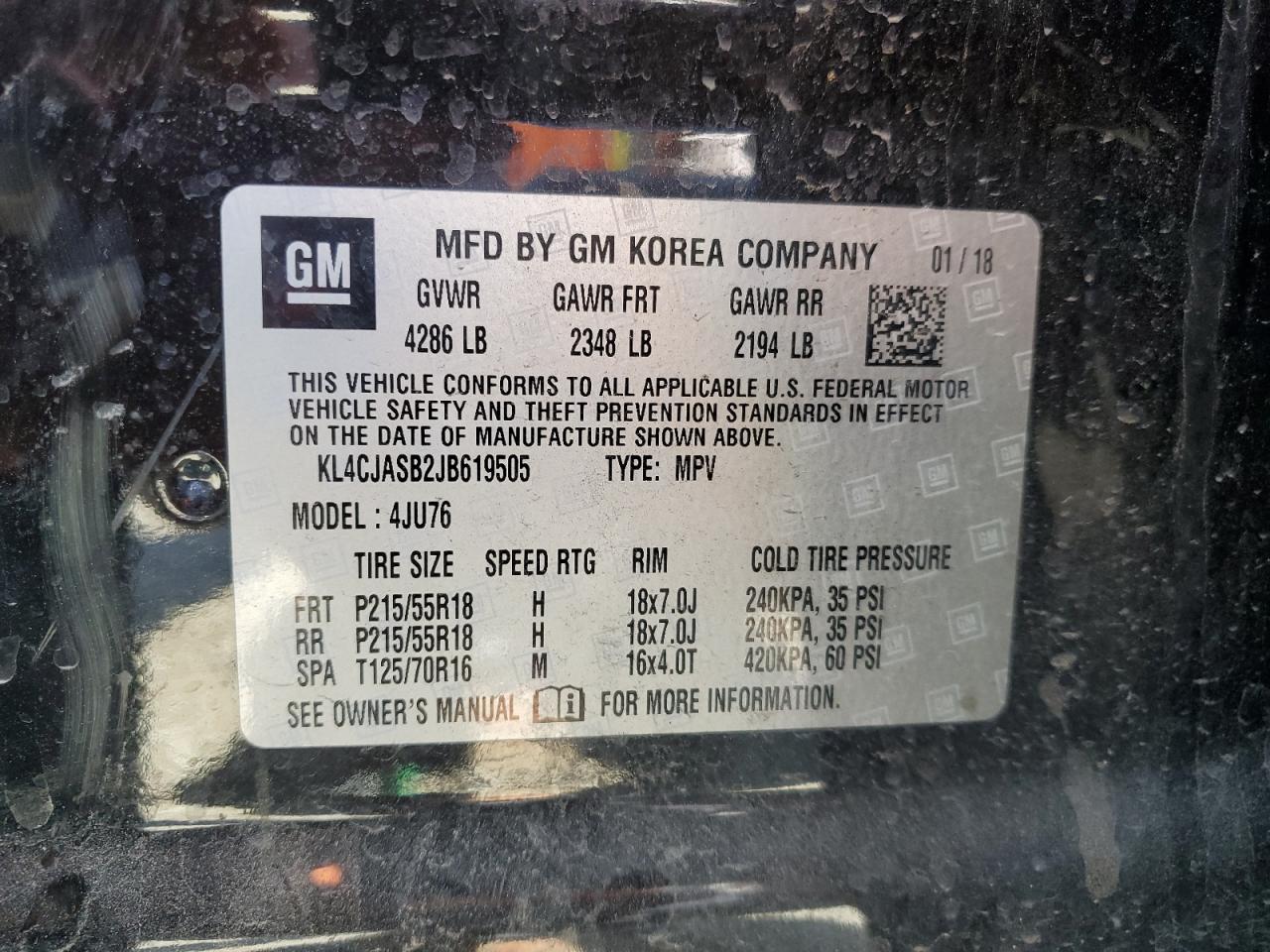 2018 Buick Encore Preferred VIN: KL4CJASB2JB619505 Lot: 64985065