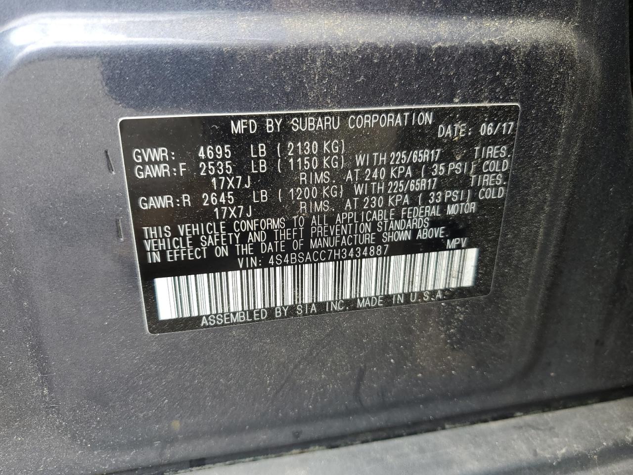 2017 Subaru Outback 2.5I Premium VIN: 4S4BSACC7H3434887 Lot: 62786235