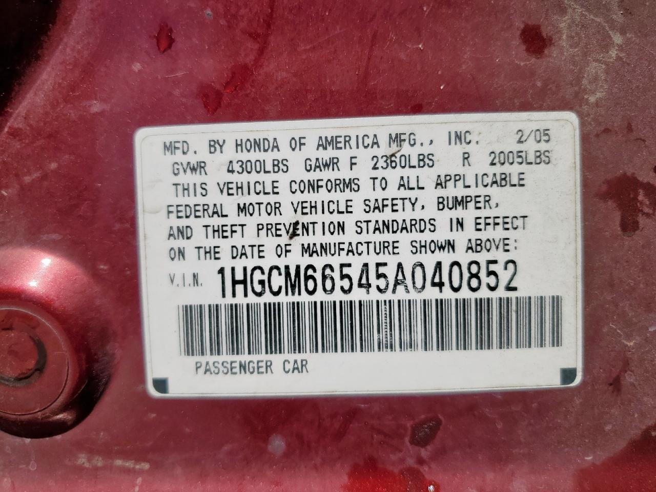 2005 Honda Accord Ex VIN: 1HGCM66545A040852 Lot: 66000245
