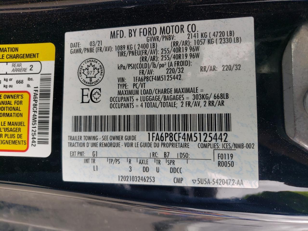 2021 Ford Mustang Gt VIN: 1FA6P8CF4M5125442 Lot: 64146095