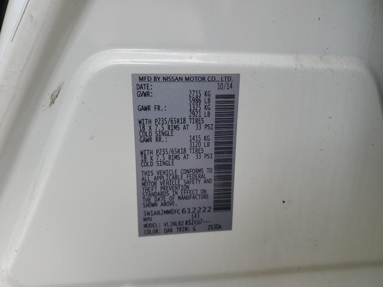 2015 Nissan Pathfinder S VIN: 5N1AR2MM0FC612222 Lot: 65396525