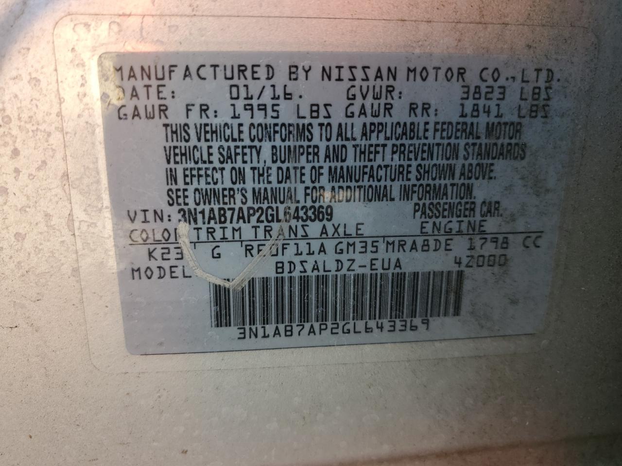 2016 Nissan Sentra S VIN: 3N1AB7AP2GL643369 Lot: 64606885