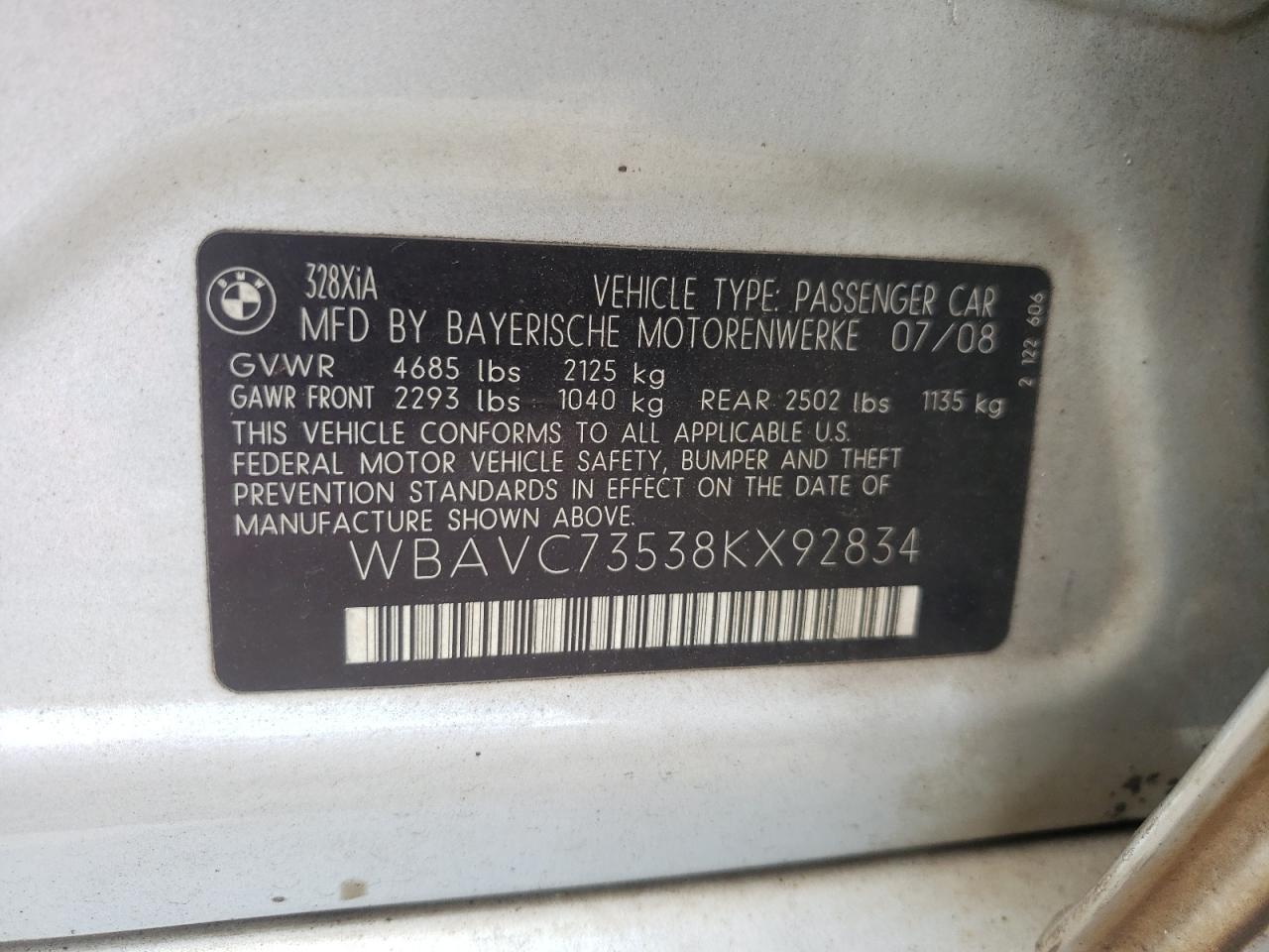 2008 BMW 328 Xi Sulev VIN: WBAVC73538KX92834 Lot: 63326485