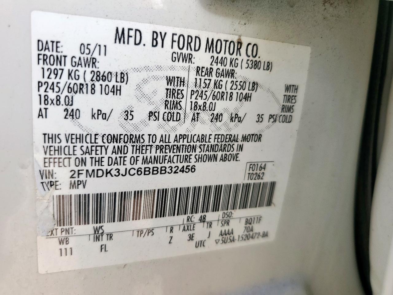 2011 Ford Edge Sel VIN: 2FMDK3JC6BBB32456 Lot: 66620625