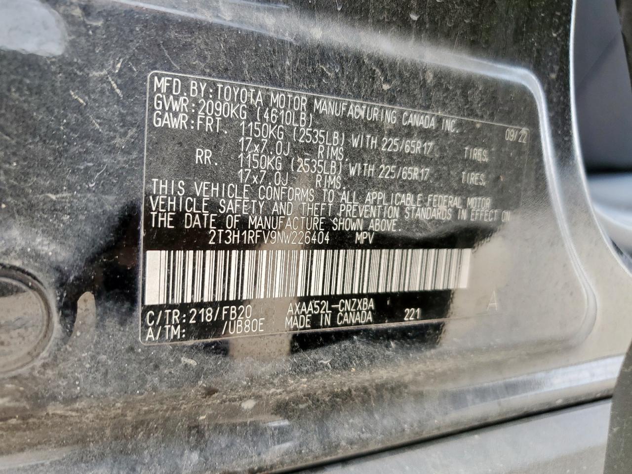 2022 Toyota Rav4 Le VIN: 2T3H1RFV9NW226404 Lot: 64683755