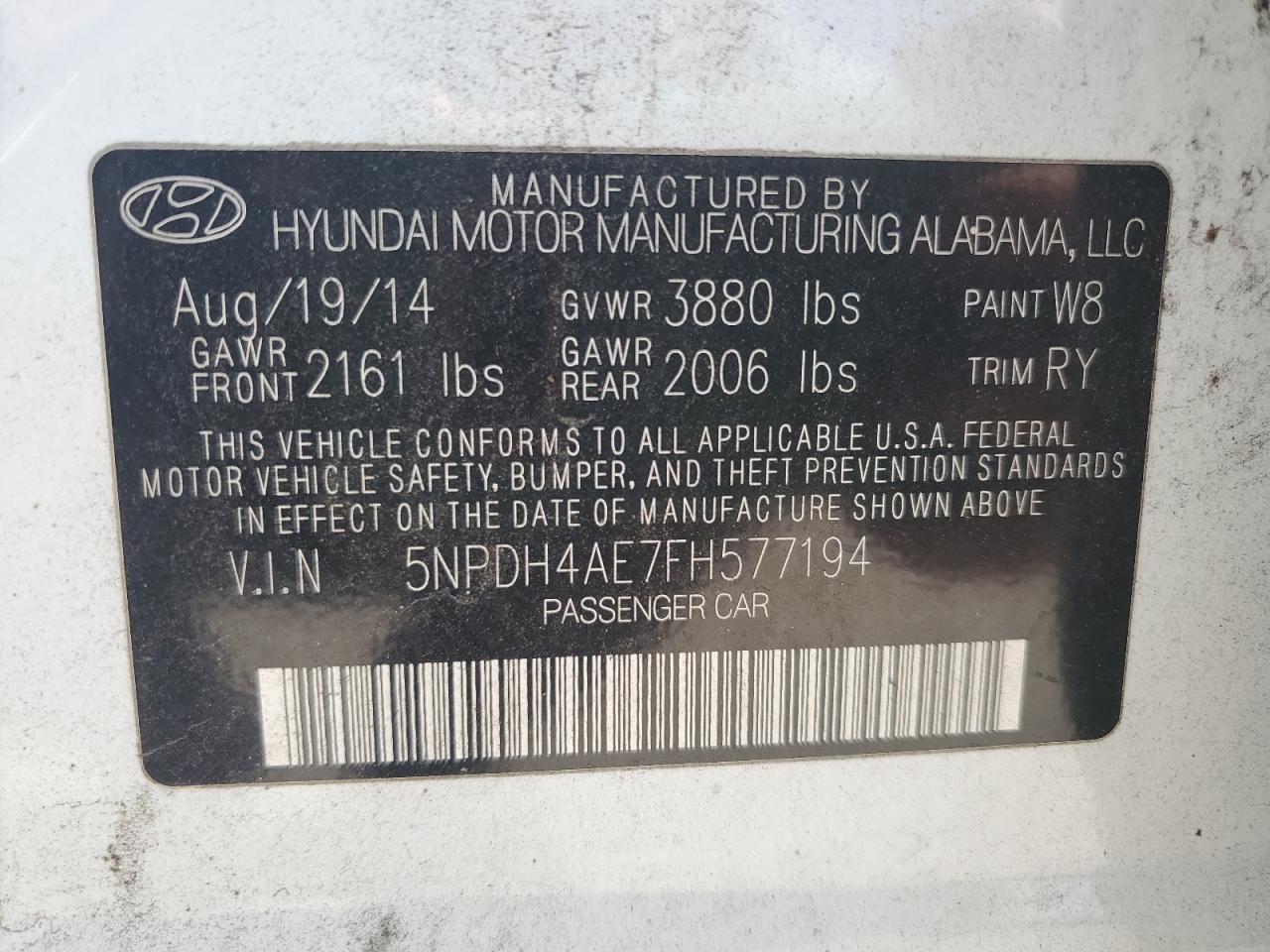 2015 Hyundai Elantra Se VIN: 5NPDH4AE7FH577194 Lot: 65594265